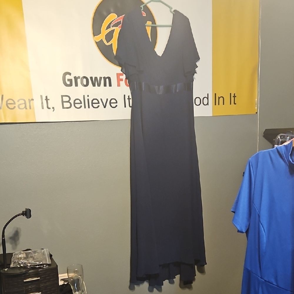 Ever Pretty Navy Blue Sheer Sleeves V-Neck Long Gown